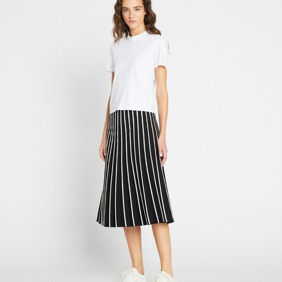 Tory Burch Pleated Tech Knit Skirt Black and White Vertical Stripe - Picture 2 of 4